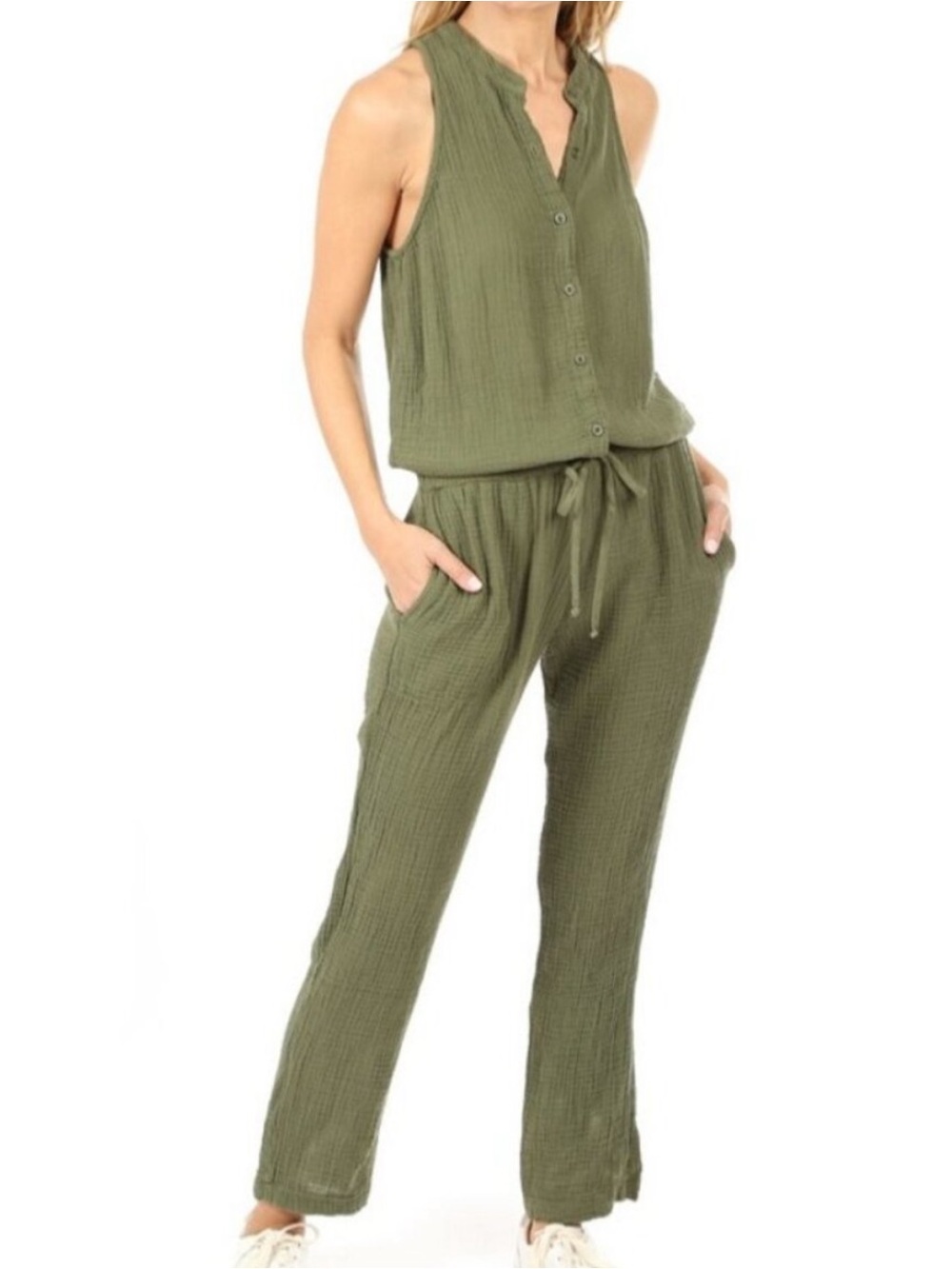 Bella Dahl Green Grey Gauzy Sleeveless Jumpsuit Size XS